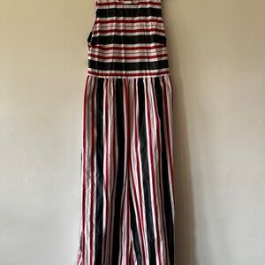 Anthropologie Black and Red Striped Jumpsuit with Wide-Leg Design